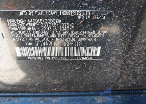 2015 Subaru Wrx Sti from USA, damaged, VIN JF1VA2L63F9806018